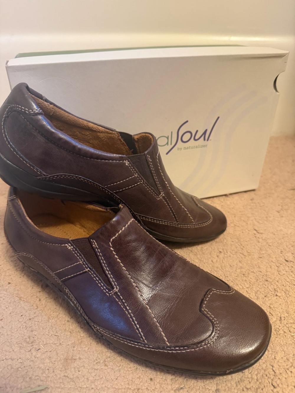 Natural Soul By Naturalizer Women’s Brown “Flor” Leather Slip-On Oxfords NIB - Picture 3 of 9